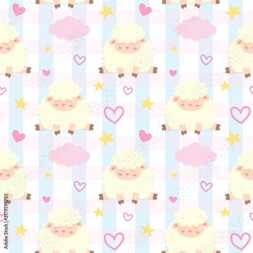 Cute Seamless Pattern with Sheep Clouds and Hearts