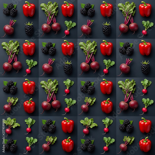 Fresh Organic Farm Produce Grid Pattern Red Radish Bell Pepper and Blackberries