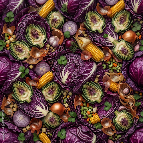 Rustic Autumn Vegetables Seamless Pattern Purple Cabbage Artichoke Sweet Corn Texture