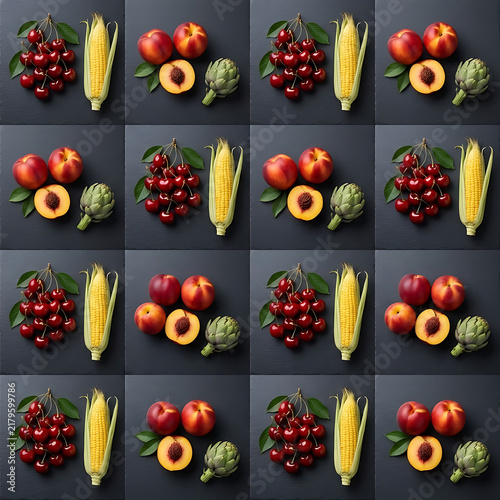 Fresh Organic Farm Produce Grid Pattern Sweet Corn Red Grapes Peaches Artichoke
