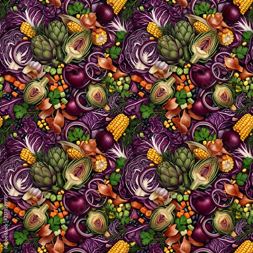 Rustic Autumn Harvest Seamless Pattern Purple Cabbage Sweet Corn Artichoke Texture
