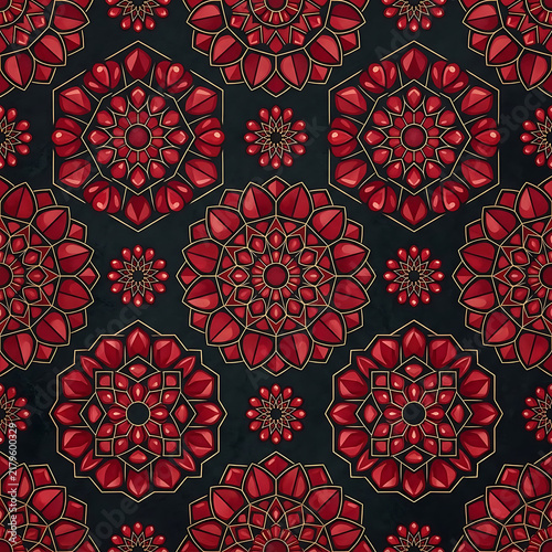 Intricate Red Mandala Seamless Pattern Moroccan Kaleidoscopic Mosaic Tile Design