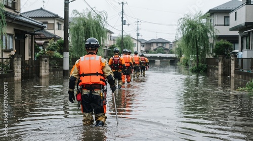 Rescue team in orange life vests wading through flooded residential street in japan