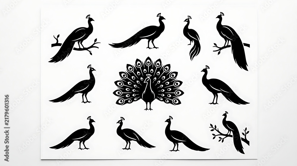 Obraz premium A stunning and intricate collection of peacock silhouettes showcasing the majestic beauty and vibrant elegance of these remarkable birds in various poses