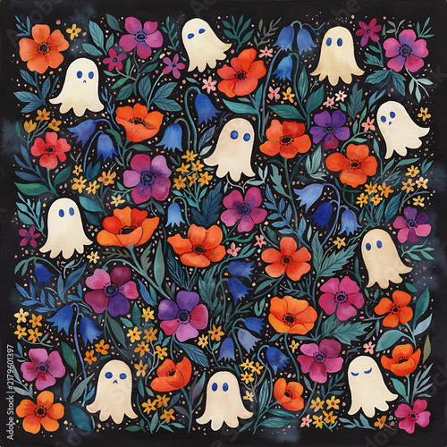 Spooky Floral Cute Ghost Seamless Pattern Colorful Botanical Garden Wallpaper