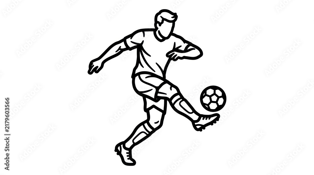 Fototapeta premium Line art illustration of a soccer player kicking a ball.
