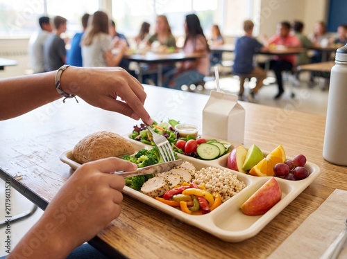 High school student eating healthy balanced lunch in cafeteria