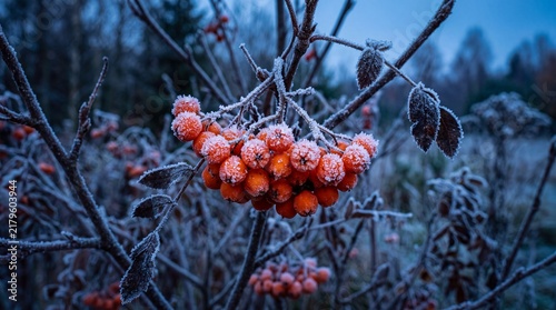 Frozen red berries covered in white morning frost cling to dark branches during a cold winter sunrise in an outdoor northern woodland