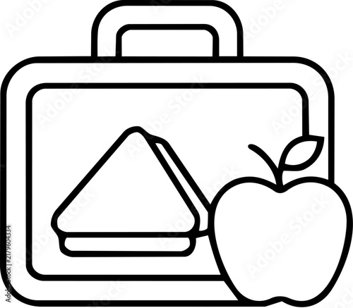 Minimalist lunch box line icon, school meal container with sandwich and apple vector, healthy food storage illustration