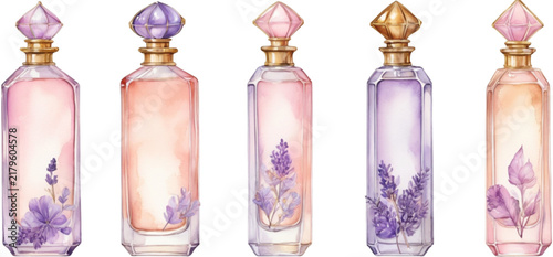 Vintage glass perfume bottles with lavender watercolor set isolated on white background