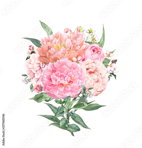 Layered bouquet of pink, peach, and cream peonies with small blossoms and foliage, hand-painted in watercolor on white for bridal stationery, greeting cards, and spring designs. 