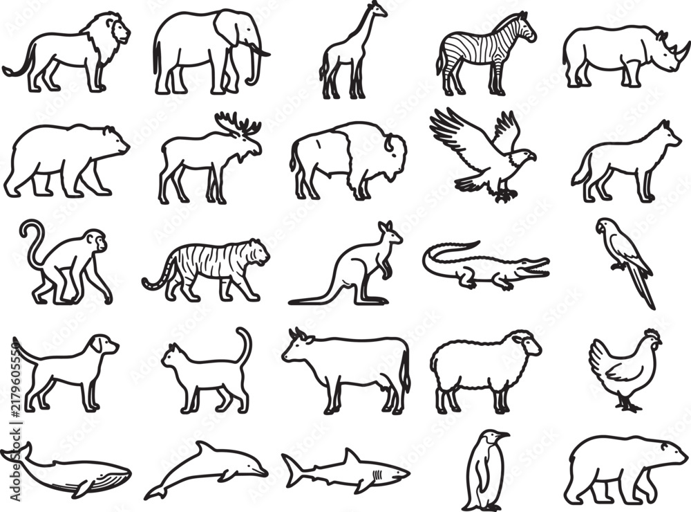 Fototapeta premium A collection of hand-drawn animal illustrations, featuring a diverse range of mammals, birds, and reptiles, presented in a clean, graphic style on a plain background.