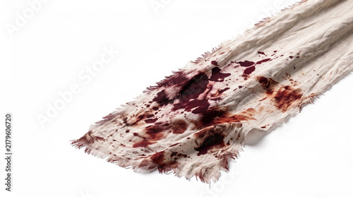 Torn white bloody cloth bandage stained with dried blood isolated on white background