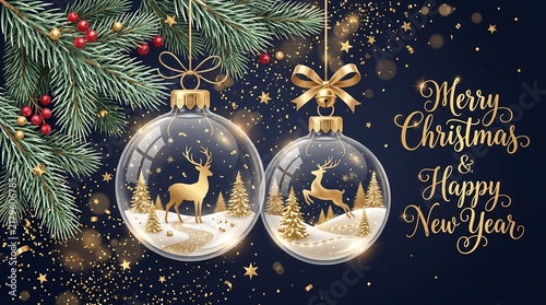 Festive christmas ornaments with winter scenes and calligraphy text on a dark blue background