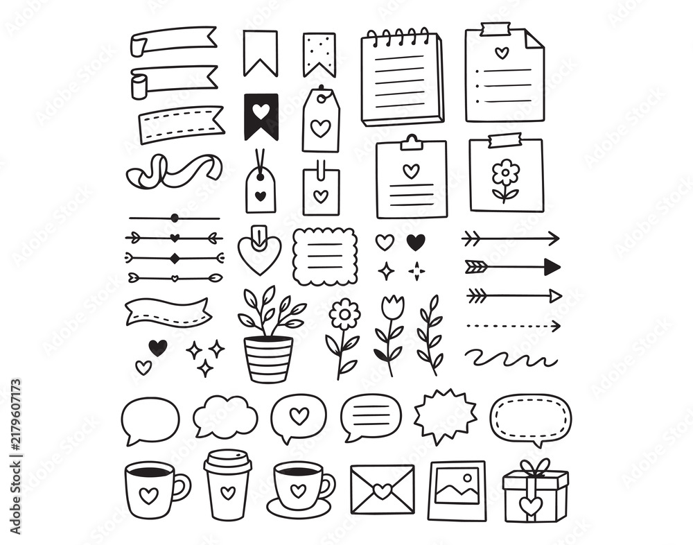 Fototapeta premium Hand drawn doodle icon set with ribbons tags arrows hearts flowers cups and speech bubbles in outline style for crafts and stationery projects, with doodle, icon, set, ribbon detail