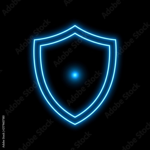 Glowing blue neon shield icon on black background