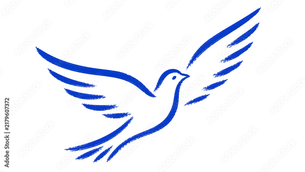 Fototapeta premium Blue sketch of a flying dove bird icon representing peace and freedom on white background