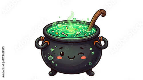 Charming cartoon illustration of a bubbling cauldron with a happy face perfect for magical designs isolated on transparent background