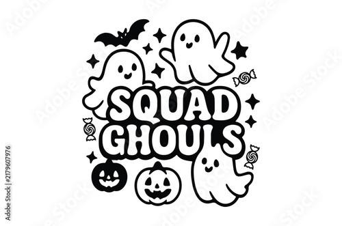 Squad ghouls svg, Halloween themed vector illustration features ghosts pumpkins and bats around text