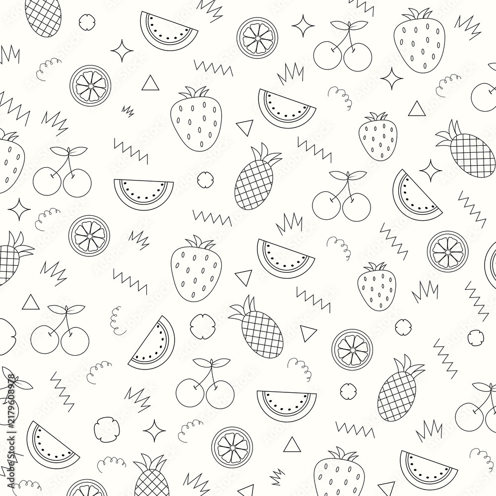 Hand drawn fruit seamless pattern vector background, black line art food icons including pineapple, watermelon, cherry, strawberry, and citrus slice on white isolated background
