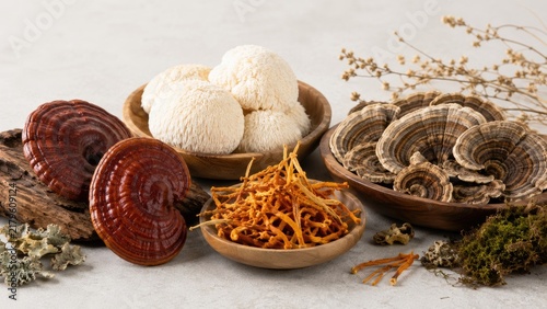 Assortment of medicinal mushrooms-reishi, lion's mane, cordyceps and turkey tail-arranged in wooden bowls on a neutral tabletop