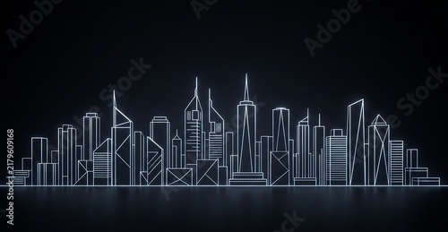 White line art city skyline drawing on black background