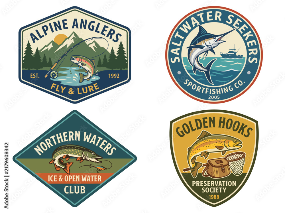 Fototapeta premium A set of badges representing various fishing clubs, each designed to highlight different fishing environments and sportsmanship, appealing to enthusiasts of all ages.