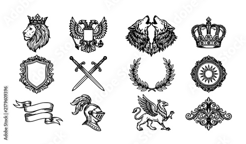Retro heraldic crest and luxury logo elements with lion falcon bear shield crown swords ribbon and wings