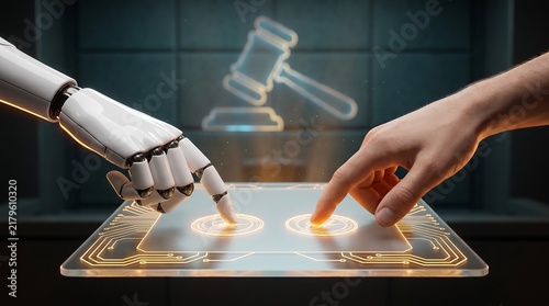 AI and Human Hands Agreeing on Digital Interface with Glowing Legal Gavel