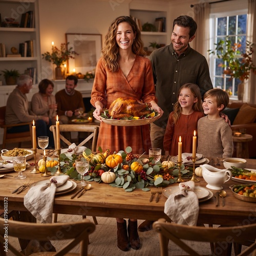 Family Thanksgiving Dinner Celebration With Roasted Turkey and Warm Autumn Table Setting
