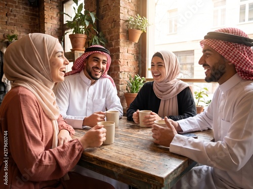 Happy Arab Friends Drinking Coffee Together in a Cozy Cafe