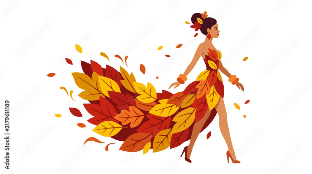 Obraz premium Woman walks gracefully wearing a high-low gown with a long autumn leaf train against a white background.