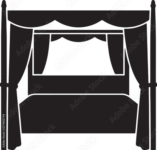 Принти на полотні A black silhouette of a luxury four-poster canopy bed on a white background, bed