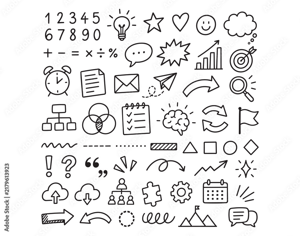 Fototapeta premium Hand drawn outline icon set with numbers symbols arrows and common business glyphs in black stroke, with icon, doodle, handdrawn, outline detail, showing number, symbol, arrow, communication context