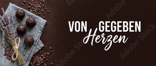 Dark chocolate truffles lavender praline flatlay with German text Von Herzen Gegeben for Mother's Day, Valentine's Day, luxury gourmet gift banner concept background, cocoa nibs, artisanal dessert.