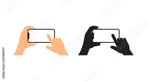 Flat mobile phone screen touch gestures icons representing human hands interacting with smartphone.