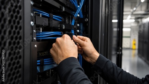 IT technician plugging network cable into server rack in data center