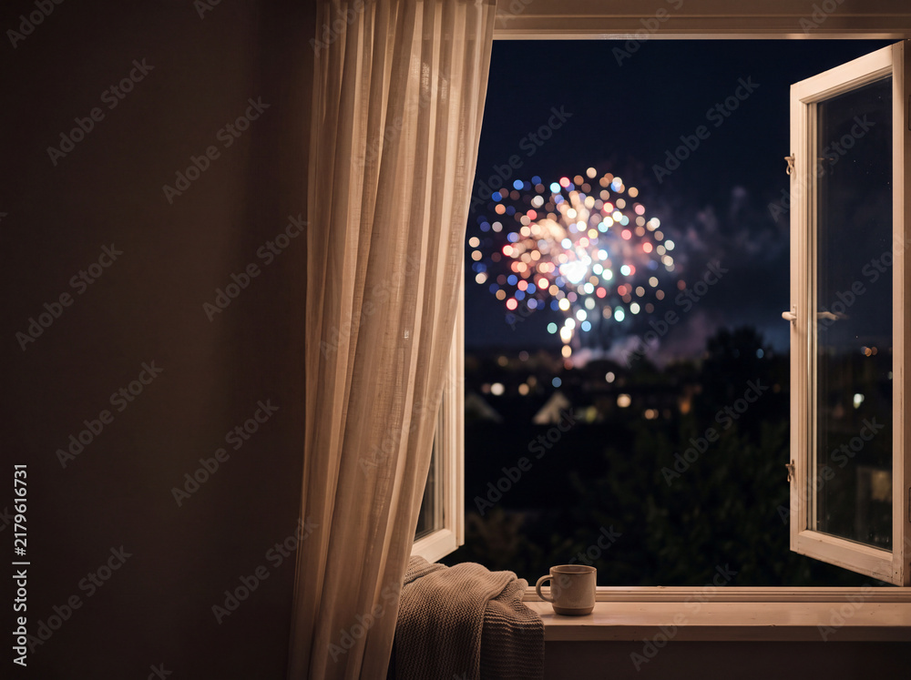 Fototapeta premium Fireworks display seen through open window at night
