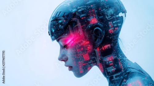 This is a creative image with a futuristic sci-fi style, showing the profile of a cyborg woman with exposed circuit board structures on her head and neck. 