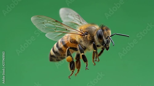 Detailed honey bee hovering and flying in place against a solid chroma key green background with realistic wing blur