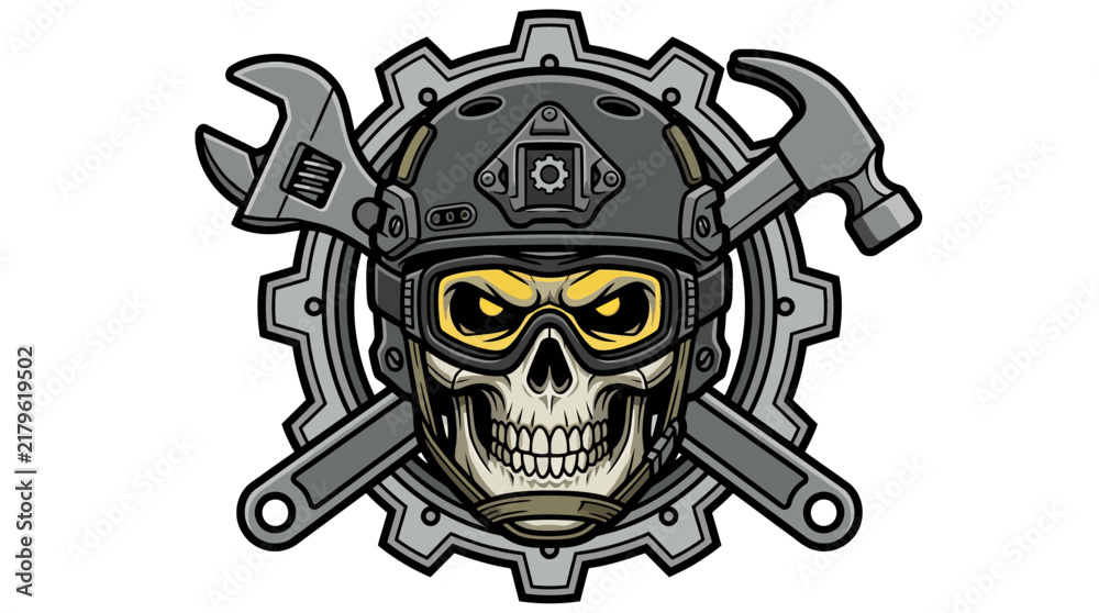 Fototapeta premium Tactical Skull with Tools and Gear Emblem Design for Industrial Craftsmen Projects