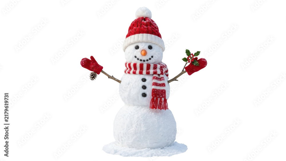 Fototapeta premium Cheerful snowman with red hat and scarf holding mistletoe and pinecone