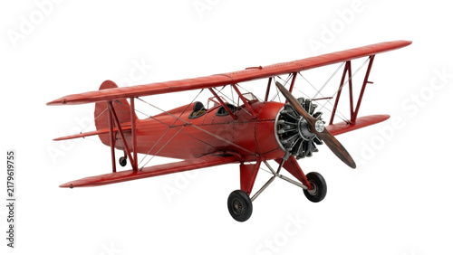 Vintage red biplane airplane with wooden propeller isolated on transparent background