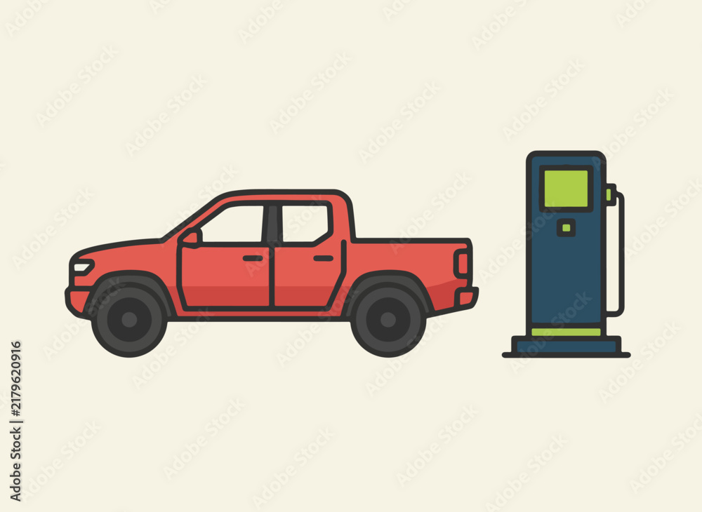 Obraz premium Red pickup truck at electric vehicle charging station