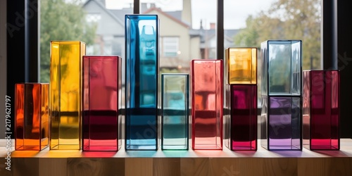 A vibrant and colorful array of glass rectangular prisms stand in a row on a wooden surface, bathed in the warm glow of natural light filtering through a nearby window.