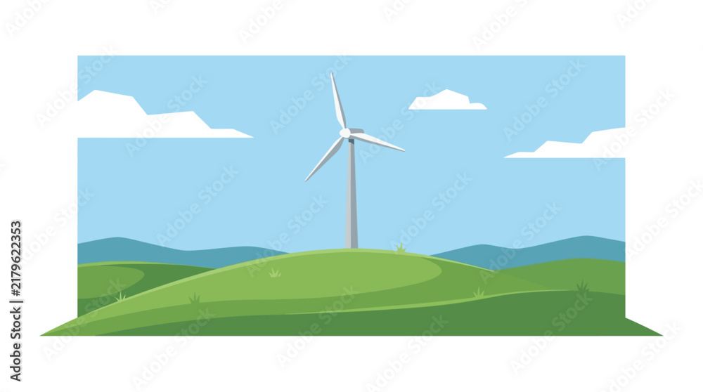 Obraz premium White wind turbine on green hills under blue sky.
