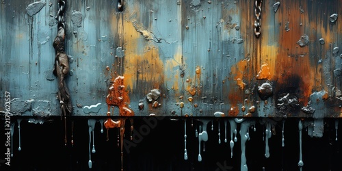 A close-up of an industrial surface with peeling paint, drips, and a chain hanging from it. The rusty metal has a textured, abstract look.