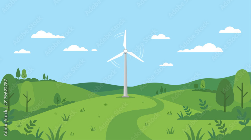 Obraz premium Wind turbine in a lush green countryside landscape.