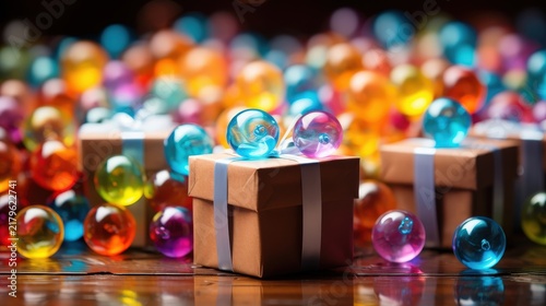 A small gift box adorned with a blue ribbon sits atop a sea of colorful spheres, creating a vibrant and festive display.