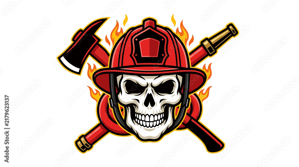 Fototapeta premium Firefighter Skull Emblem Illustration with Crossed Axe and Fire Hose Nozzle